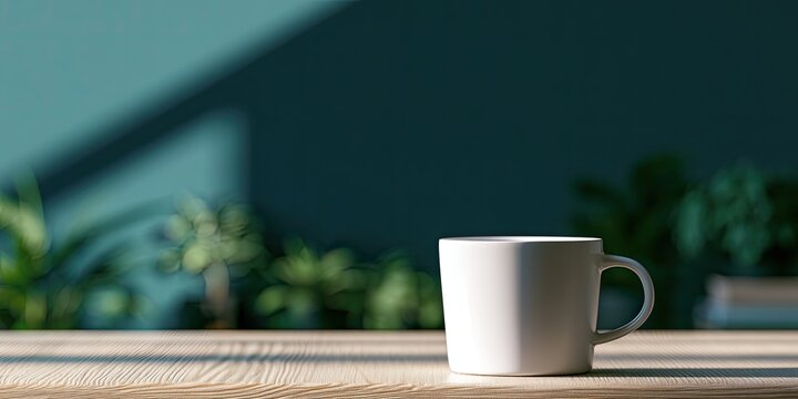White mug on wood surface with plants and shadows