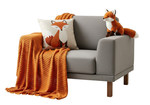 Gray armchair with orange throw blanket and fox pillow.