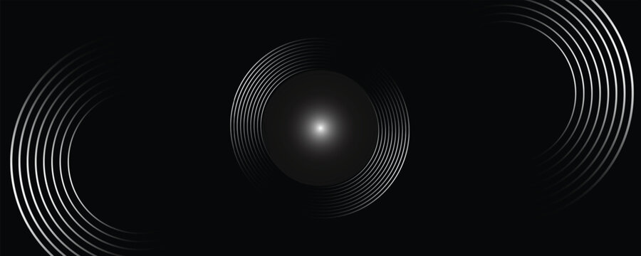 3D silver lines techno abstract background on dark space with glowing circles effect decoration. Modern graphic design element stripes style concept for web, flyer, card, or brochure cover