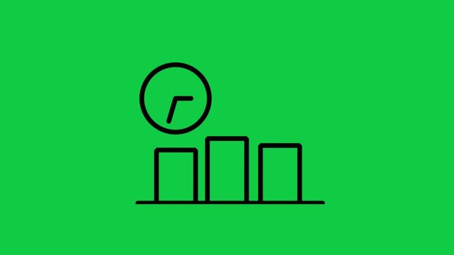 Financial Chart Time Management. Animated line icon on green screen featuring a bar chart combined with a clock symbol for efficient financial tracking.
