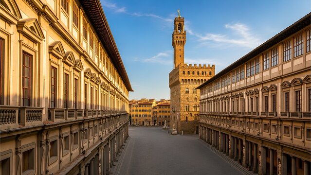イタリア、フィレンツェ、ウフィツィ美術館の回廊から望むヴェッキオ宮殿、横