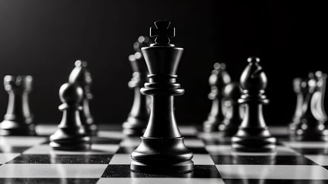 Black king chess piece standing tall on a checkered board representing strategic leadership power competition victory decision making professional planning challenge mindset and game winning moves
