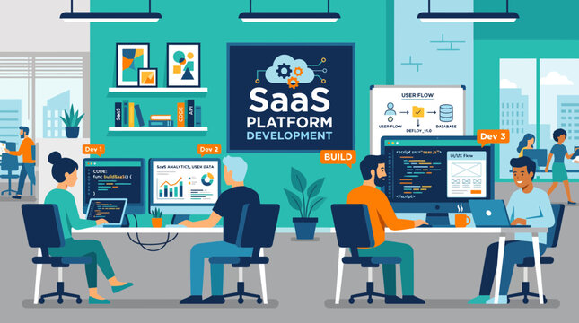 Flat vector illustration of a software development team building a SaaS platform, featuring coding, API integration, cloud architecture, agile collaboration, and modern DevOps workflow.