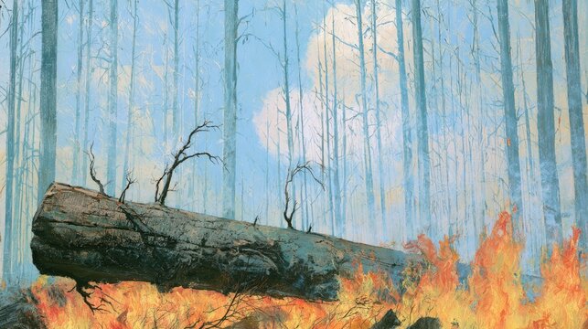 A stark forest scene with a fallen log engulfed in flames