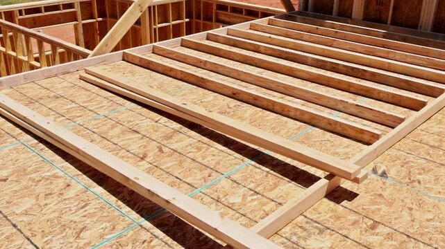 Workers are constructing wooden framing stage for new homes in residential area