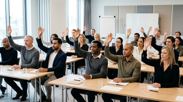 A diverse group of professionals and students actively participating in a classroom or conference, all raising their hands to ask a question or vote.