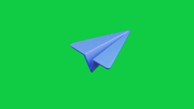 3D Blue Paper Airplane Icon. Animated three dimensional blue paper plane flying or floating smoothly against a solid chroma key green screen background.