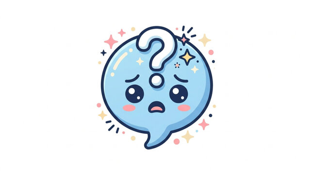 Cute Kawaii Blue Speech Bubble with Question Mark and Sad Eyes.