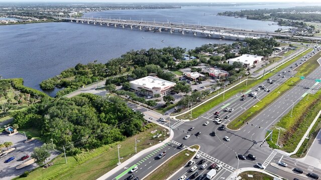 US 301, Manatee River, Interstate 75 southbound, Ellenton, Florida, busy shopping district