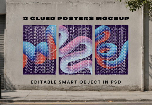 3 Glued Posters Mockup