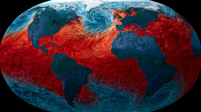 Ocean Currents Global Map: A visualization of global ocean currents, with warm currents depicted in red and cold currents in blue, illustrating the dynamic flow of water across the Earth's surface.
