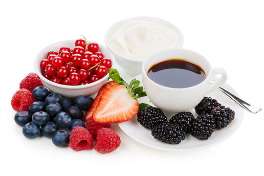 Berry Delight with Coffee: A vibrant and fresh assortment of mixed berries, including strawberries, blueberries, raspberries, blackberries, and red currants.