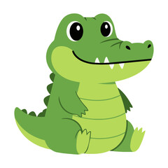 Fototapeta premium A friendly simplified cartoon alligator sitting upright with a sweet smile, vibrant lime green and forest green flat design, isolated on white. Cute animal character