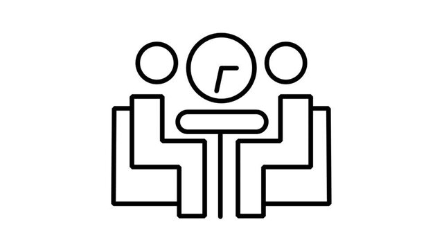 Business Meeting with Clock Icon. Animated line icon loop of two business people sitting at a table having a discussion under a time management clock.