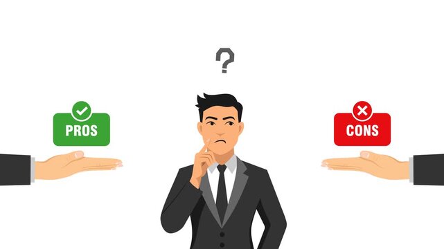 businessman making decision between pros and cons video animation confusion concept