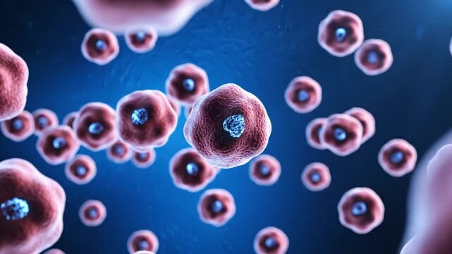 Microscopic view of numerous human cells with detailed interior structures floating against a deep blue background