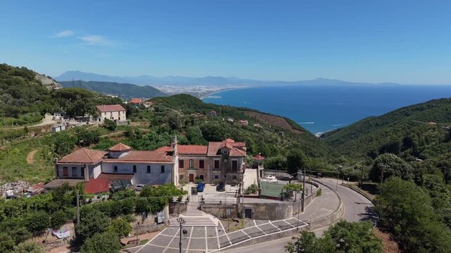 Aerial view of Chiesa Santa Croce overlooking the Gulf of Salerno on the Amalfi Coast in Campania, Italy