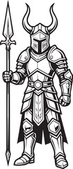 Obraz premium Armored Warrior Holding Spear with Horned Helmet, Medieval Fantasy black and white vector illustration 