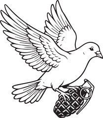 Obraz premium Soaring Dove Clutching Hand Grenade in Talons, Ironic Peace black and white vector illustration 