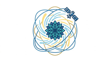 Satellite orbits around a stylized flower representing data transmission. © iwan