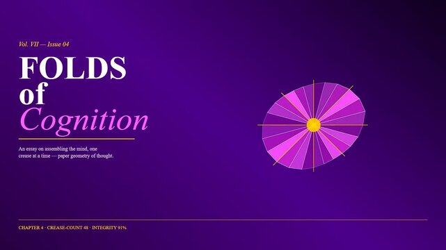 A geometric cognitive assembly animation displays rotating circular paper patterns in purple tones on a dark screen with dynamic text labels reflecting systematic data and process stages