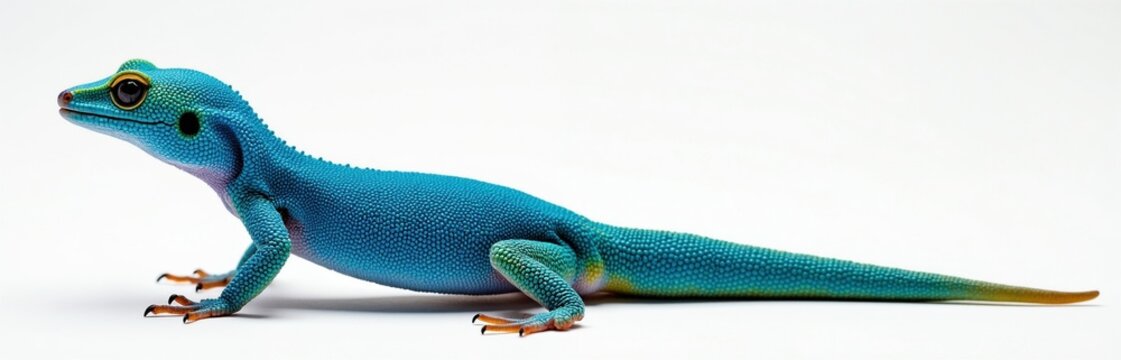 Electric blue gecko reptile on white background. Small lizard shows vibrant turquoise skin and orange feet. Animal is small with textured scales.