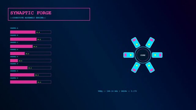 A digital cognitive assembly interface displays animated data loading bars and a glowing circular core module flickering in a dark virtual space for systemic software monitor analysis