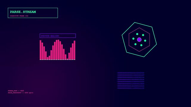 A digital cognitive assembly displayed through shifting geometric patterns and moving vertical sound frequency bars on a dark screen interface for data visualization in motion