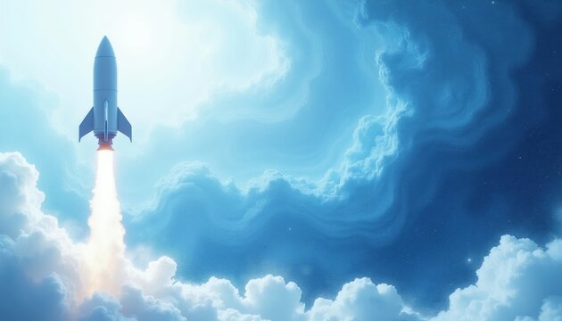 Retro style rocket blasting off into cloudy sky with bright exhaust flame. Abstract digital art with blue and white tones, futuristic space journey theme. New era start concept.