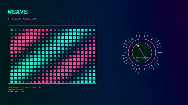 The cognitive assembly of digital pixel arrays fluctuates with moving circular gauges showcasing changing data sequences across this animated electronic interface display for modern software systems