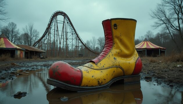 Giant clown shoe sits in muddy puddle at abandoned amusement park. Rusted roller coaster and derelict circus tents suggest forgotten fun and lost joy. Moody atmosphere.