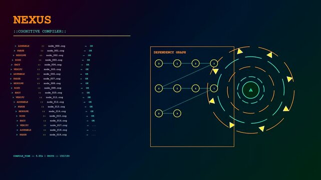 A digital cognitive assembly interface showcasing sequential data processing with vibrant circular nodes and loading metrics displayed on a dark gradient screen for modern software systems