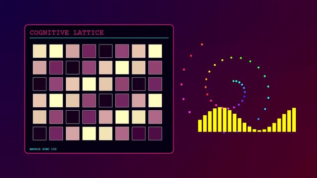 A series of screens displaying a cognitive assembly simulation featuring pulsating geometric grids and rotating spiral particle patterns that evolve rhythmically across a vibrant dark interface