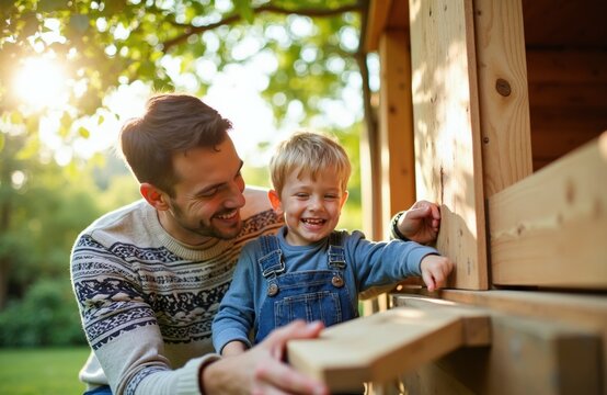 Father and young son build wooden treehouse structure in backyard garden. Parent teaches child building skills, enjoying shared hobby project and sunny day outdoors.