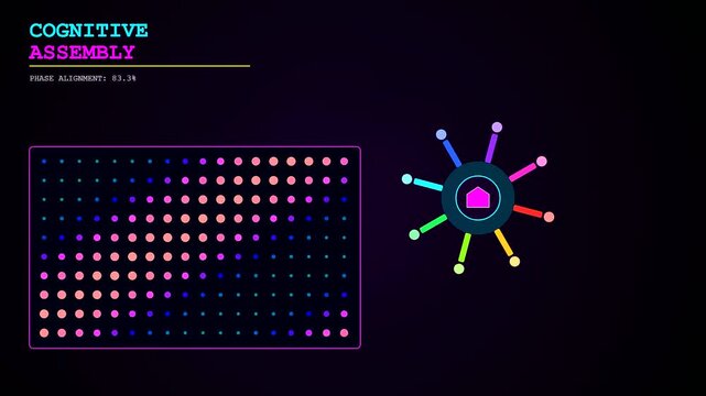 Data progression tracking in a cognitive assembly interface showing shifting light patterns across a grid of colored circles with a rotating central circular hub display