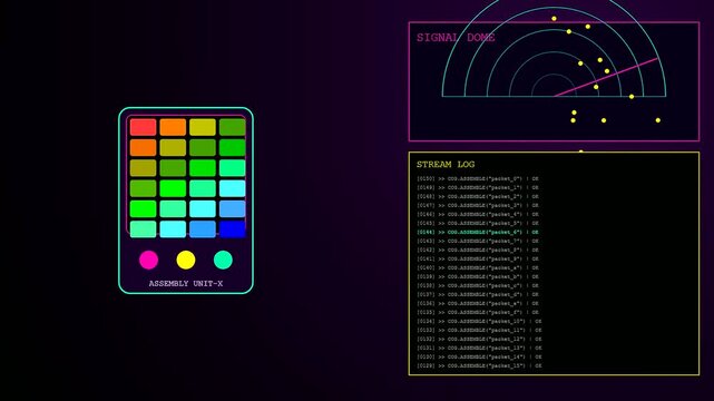 a colorful cognitive assembly grid illuminates a dark digital interface while scanning rhythmic radar pulses during a continuous stream of data packets and cycling signal logs