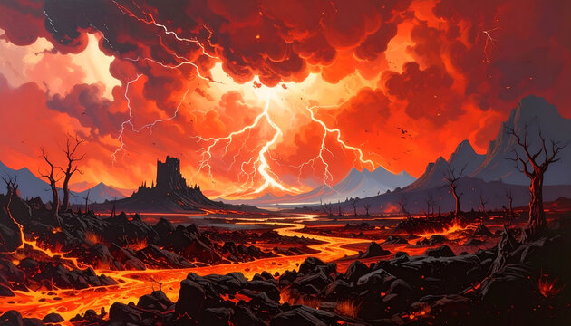 Epic Lightning Storm Over Volcanic Landscape with Castle Ruins.