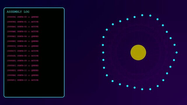 A sequence showing cognitive assembly processes with shifting digital code lists and rotating geometric light patterns on a dark purple gradient surface for modern visual displays
