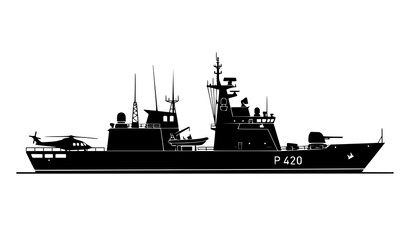 Modern patrol warship vector artwork with radar systems and maritime security ship isolated on white background © Md