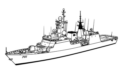 Modern naval warship silhouette vector illustration with radar domes and patrol vessel isolated on white background © Md