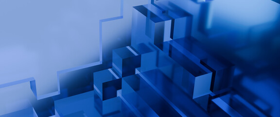 Fototapeta premium 3d render glass cube with blue light background for 4k ultra wide screen desktop wallpaper