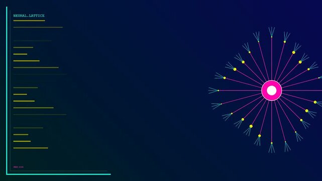 Displaying a complex cognitive assembly animated motion graphic screen with radial node points lines and glowing circular nodes for modern digital data processing and analysis visualization