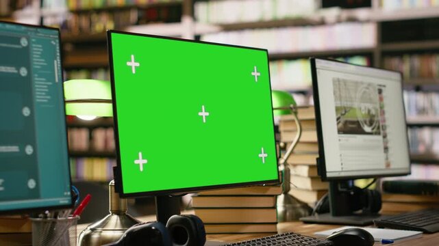 Green screen desktop monitor mockup with tracking markers framed between other computer displays on library desk with books, keyboards and headphones.