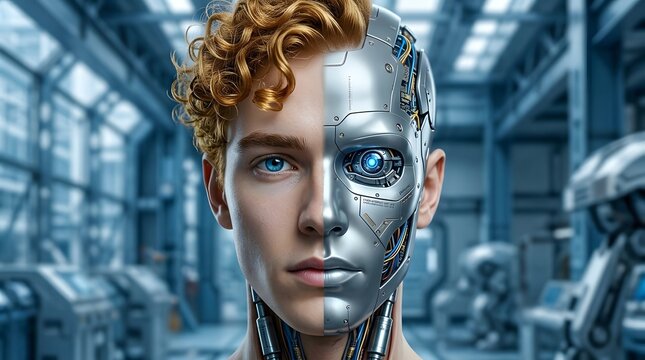 Cyborg woman, robotic face, futuristic technology, artificial intelligence