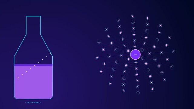 A digital cognitive assembly sequence shows glowing nodes expanding from a purple center while a laboratory beaker slowly fills with liquid in this motion graphic animation