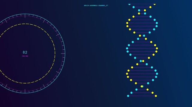 A digital cognitive assembly of glowing deoxyribonucleic acid strands rotating with circular numeric counter interface metrics displayed across a dark atmospheric environment in a looped sequence