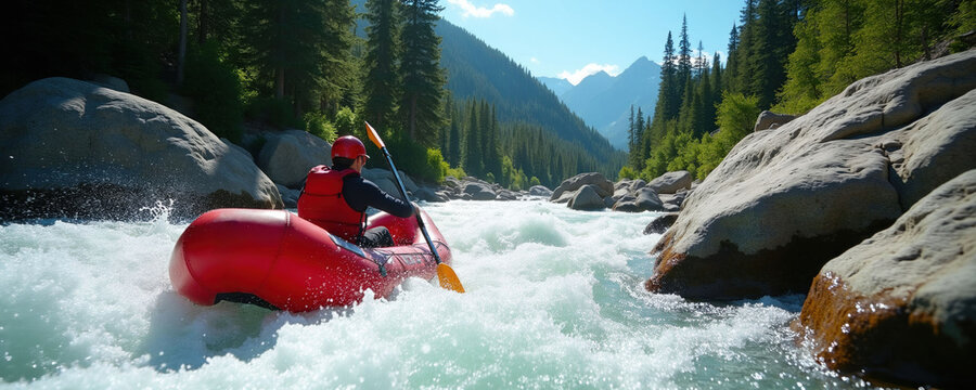 Man rows red inflatable raft on rough mountain river rapids. He wears helmet and life vest, paddles with oar. Trees and rocky banks line the water.