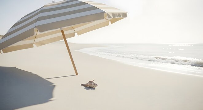 A striped beach umbrella casting a shadow on a sandy beach during a sunny summer day.