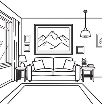 Cozy Living Room with Sofa, Mountain Landscape Painting, Pendant Light and Side Tables, Clean Line Art Interior Style black and white vector illustration

