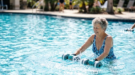 Naklejka premium Smiling senior woman exercising with water dumbbells in swimming pool